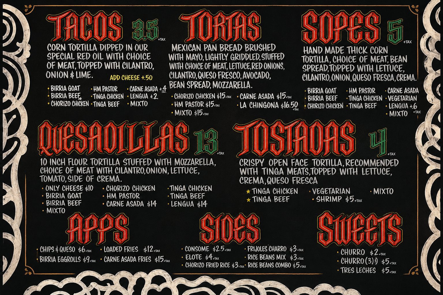 Hand-painted chalkboard menu at La Tingeria Falls Church listing tacos, tortas, sopes, quesadillas, tostadas, apps, sides, and sweets with prices